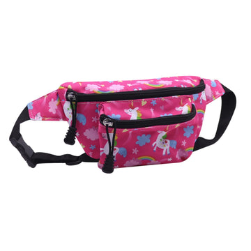 Cute cartoon dinosaur and unicorn fanny pack for kids, featuring a two-layer zipper waist bag with adjustable strap.