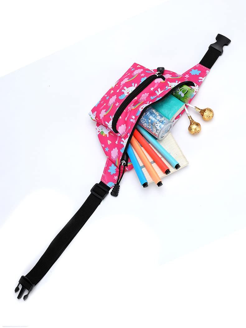Cute cartoon dinosaur and unicorn fanny pack for kids with adjustable strap, featuring colorful two-layer zipper waist bag.