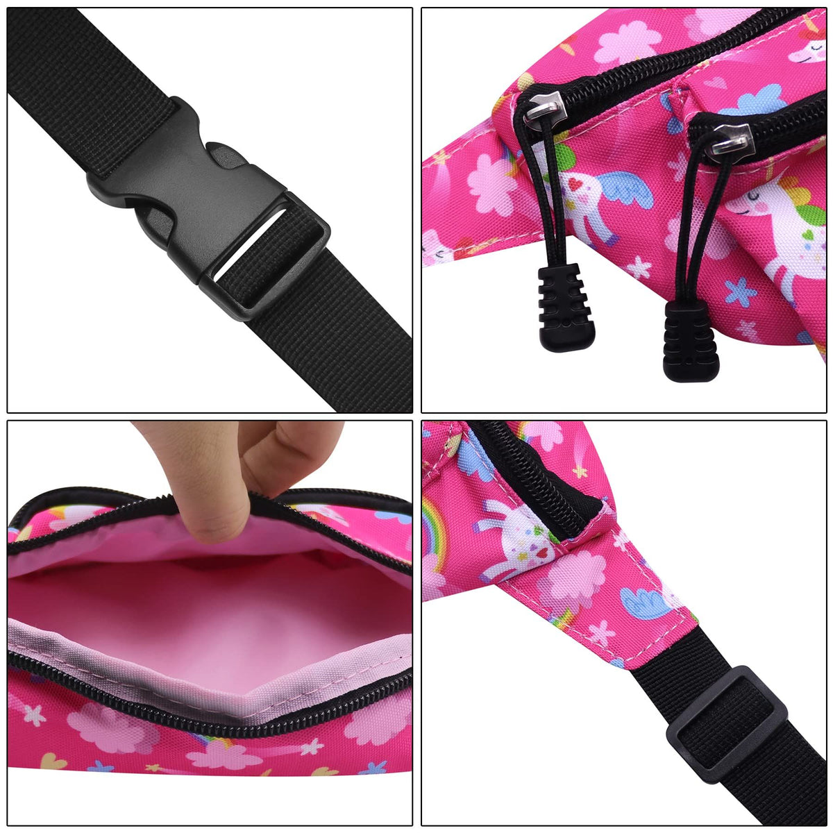 Cute cartoon dinosaur unicorn fanny pack for kids with adjustable strap, two-layer zipper waist bag featuring colorful dinosaur and unicorn design.