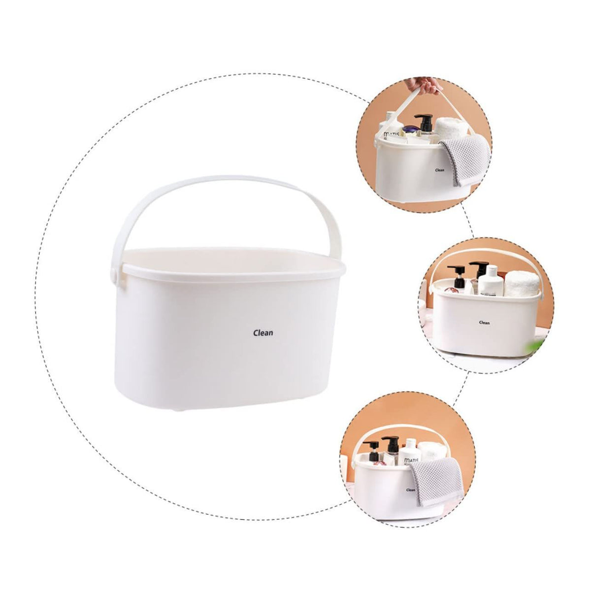 Plastic bath basket and storage tote for kids, featuring compartments for toys, shampoo, and shower essentials, ideal for bath time organization.