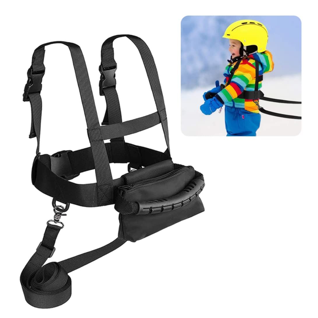 Black kids' ski safety straps with removable harness leash, designed for skiing and skating training safety.