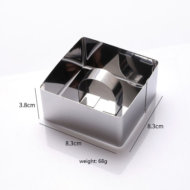 Stainless steel 3D cake molds with pusher lifter set of 4, baking tools for cupcakes, mousse, and creative cake decorating.