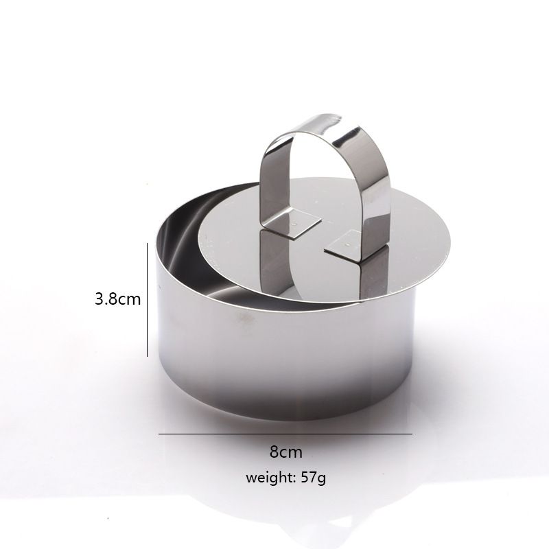 Set of four stainless steel 3D cake molds with pushers, ideal for baking cupcakes, mousse, and creative confectionery.
