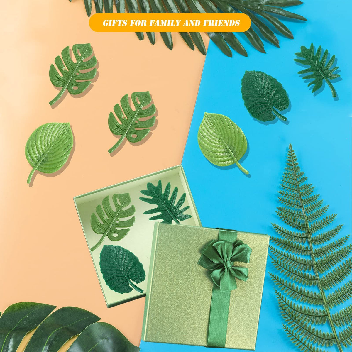 Set of 12 colorful mini tropical leaf fridge magnets from Everything Baby, fun small plant magnets for kitchen and office decor.