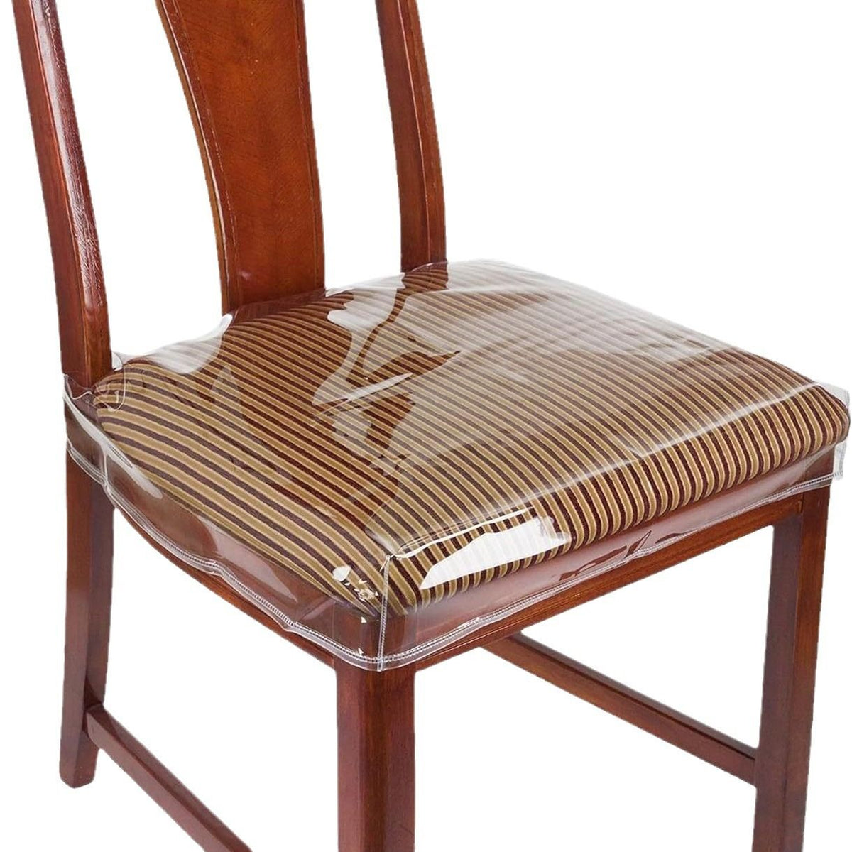 Clear plastic chair cover for dining chairs, waterproof vinyl protector for kids' seats, adjustable fit, ideal for pretend play.