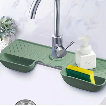 Two silicone faucet splash guard mats with dish sponge holder, designed for kitchen sink water catch and drying.