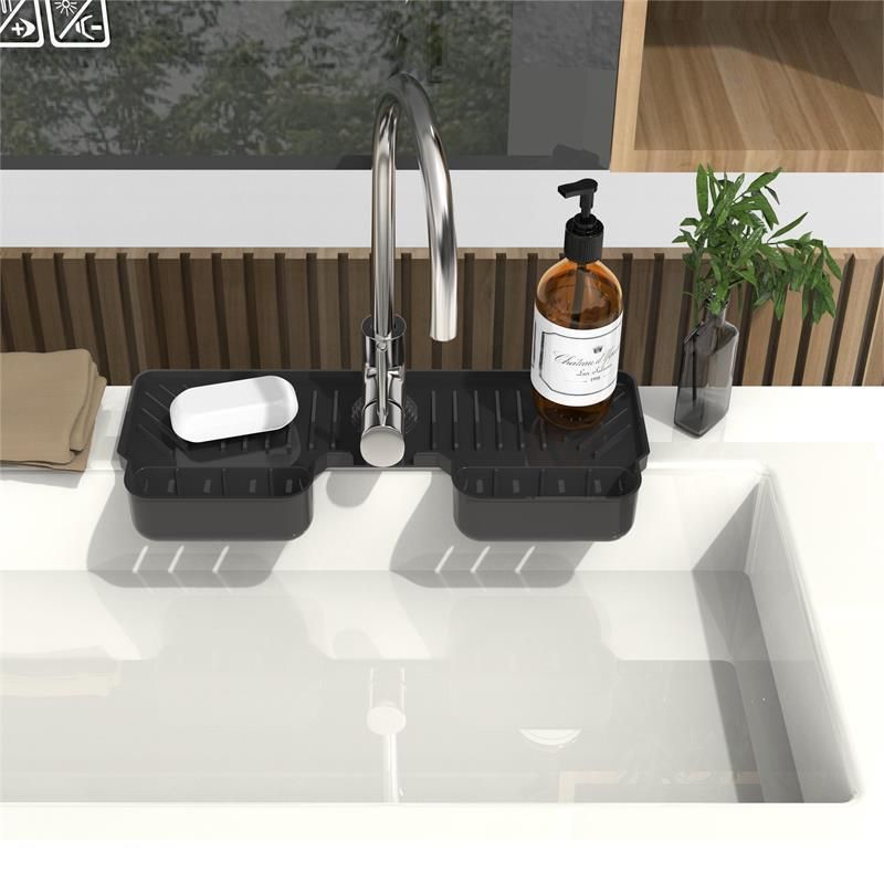 Set of two silicone faucet splash guard mats with sponge holder, used to catch water and keep sink area dry for baby and kids feeding.