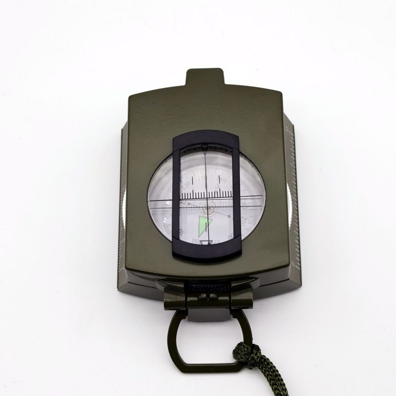 Waterproof military sighting compass for outdoor activities, compact and durable, ideal for hiking and survival situations.