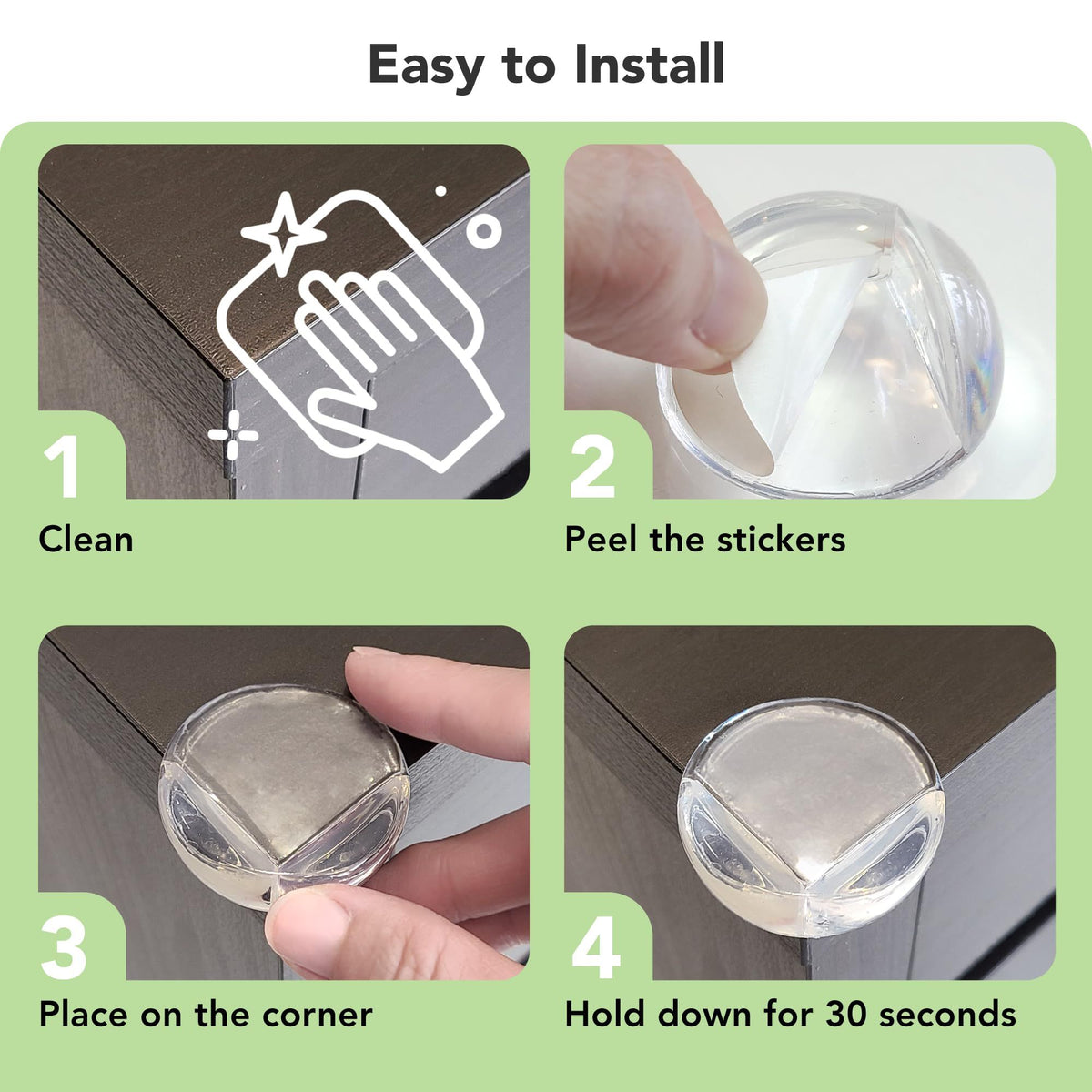 Clear ball-shaped corner guards for baby furniture protection, designed to cushion table edges and prevent injuries.