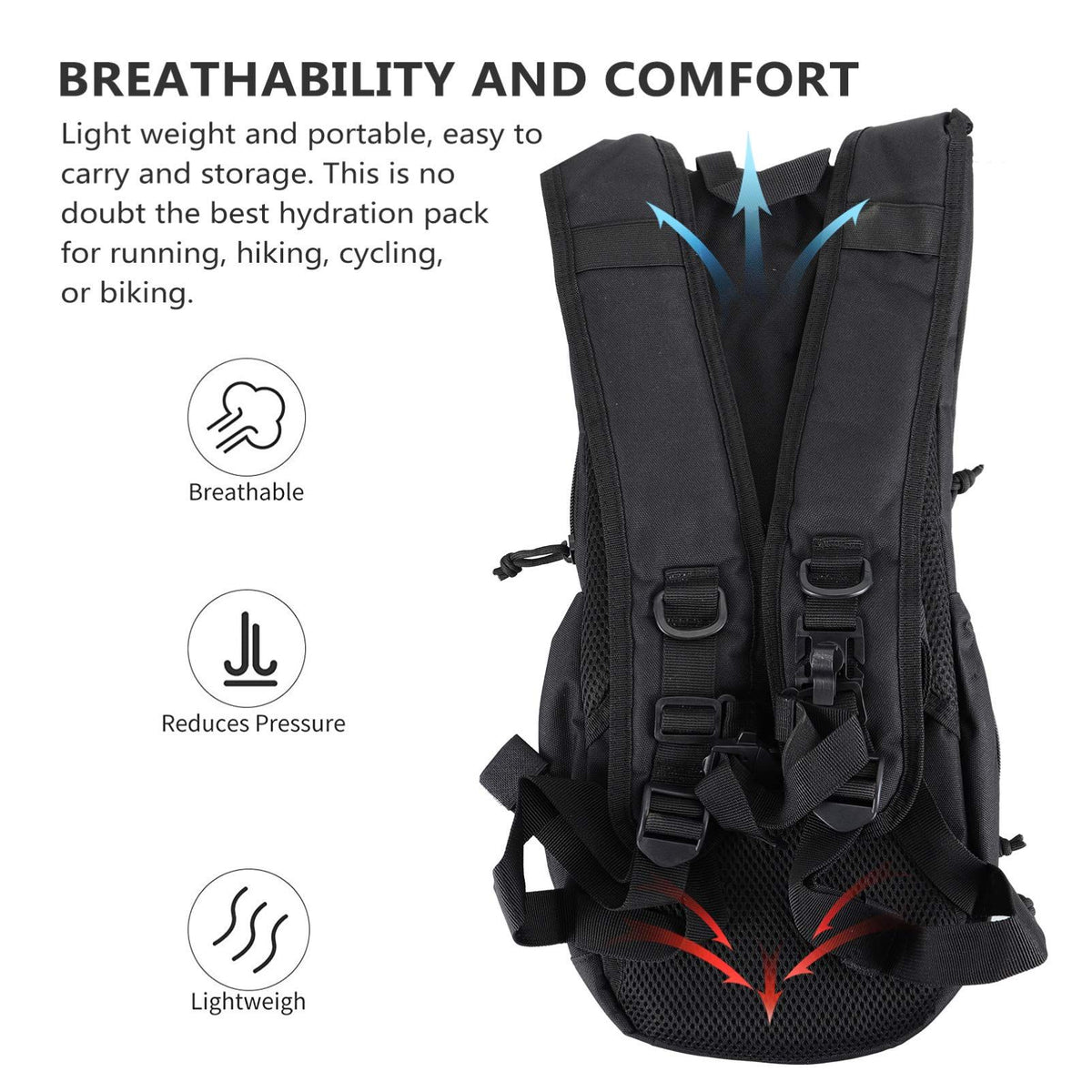 Black BESPORTBLE hydration pack backpack with water bladder, lightweight design, suitable for running, hiking, and climbing.