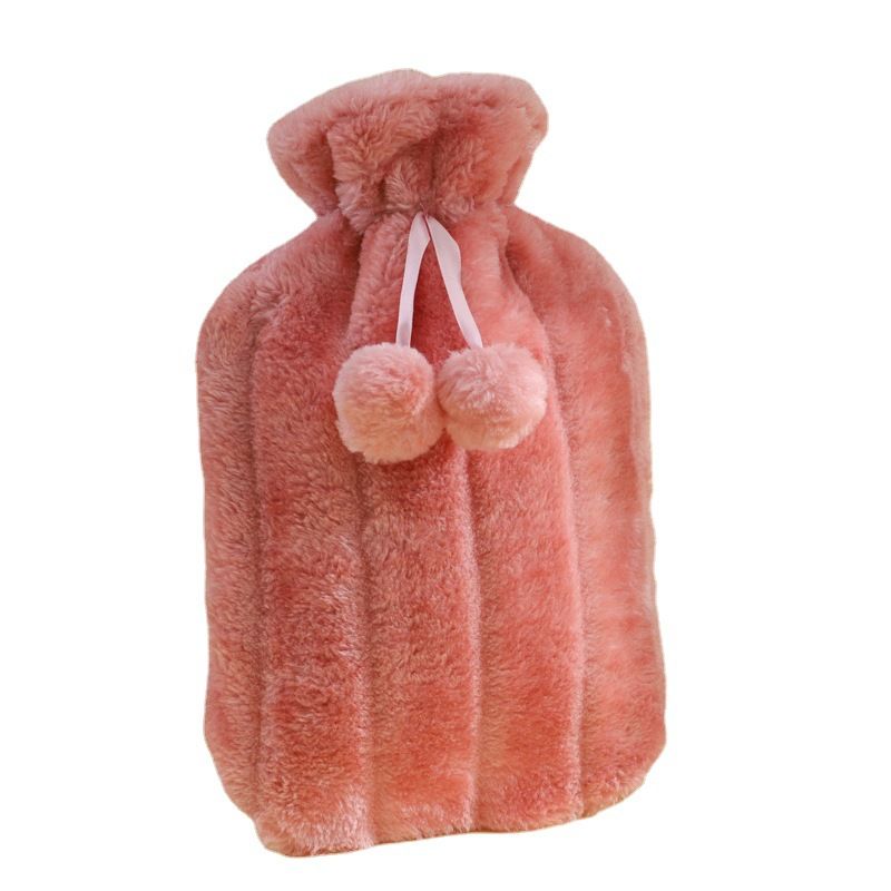 Large 2L rubber hot water bottle with faux fluffy cover, leakproof design, ideal for soothing back, neck, and leg pain.