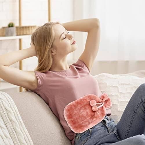 Large 2L hot water bottle with faux fluffy cover from Everything Baby, leakproof rubber for back, neck, and leg relief.