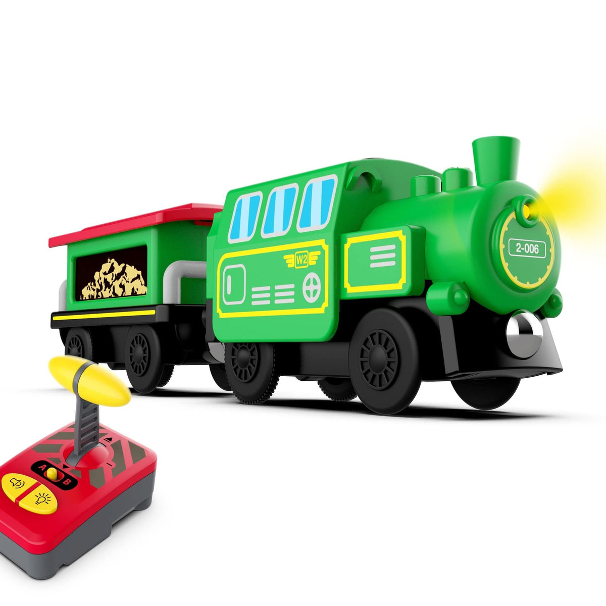 Battery-operated wooden train locomotive for kids, remote control, part of track set, durable and powerful, batteries not included.