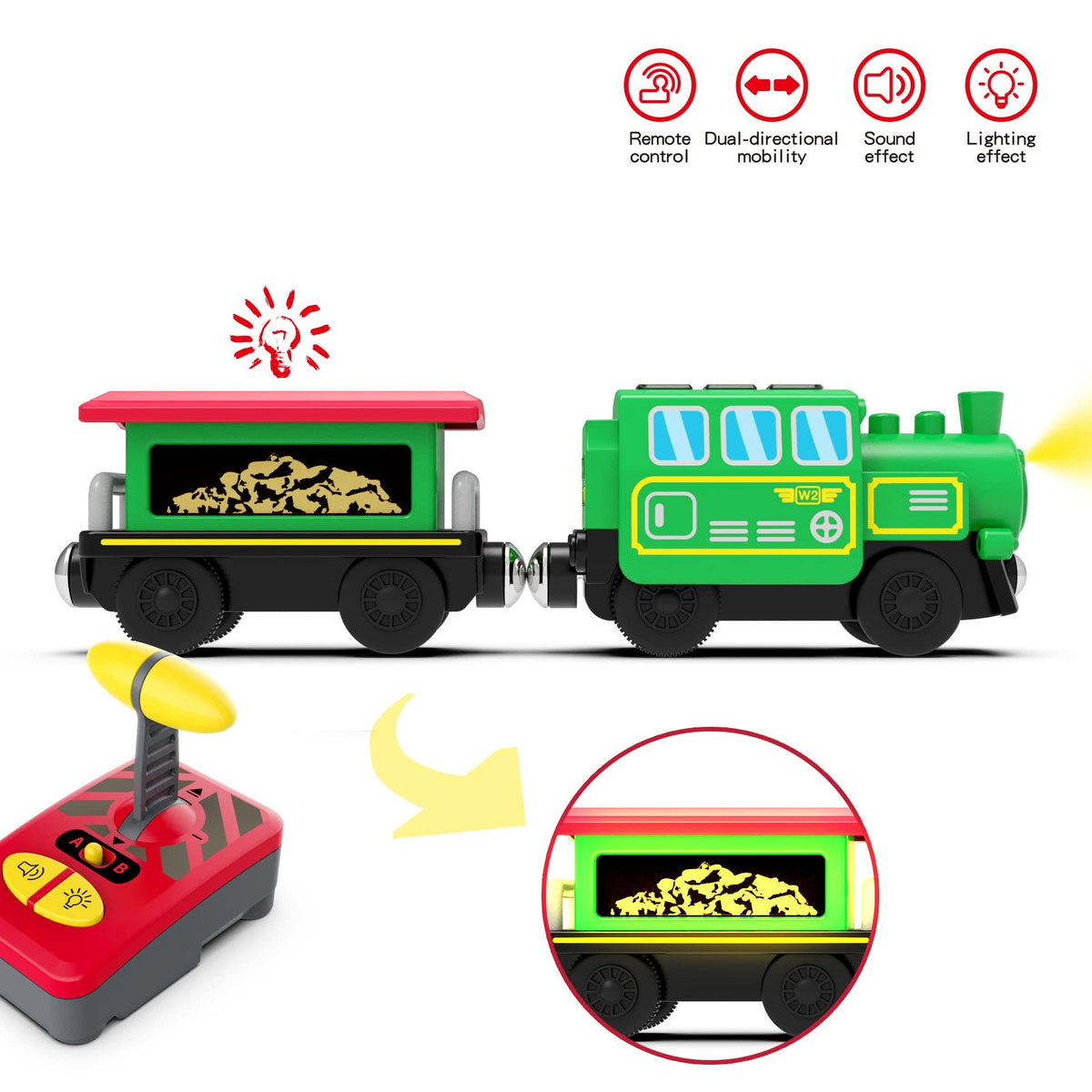 Wooden battery-operated train locomotive toy from Everything Baby, remote control ride-on train for kids on track set.