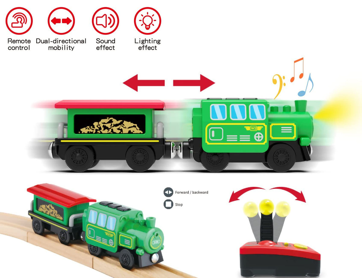 Wooden train accessories remote control locomotive for kids ride-on train set, battery operated, with track compatibility from Everything Baby