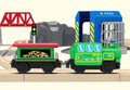 Wooden battery-operated locomotive train for kids, remote control ride-on toy with track set, designed by Everything Baby.
