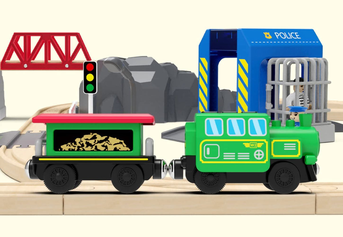 Wooden battery-operated locomotive train for kids, remote control ride-on toy with track set, designed by Everything Baby.