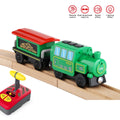 Wooden battery-operated locomotive train by Everything Baby, remote control ride-on train for kids on track set, battery not included.