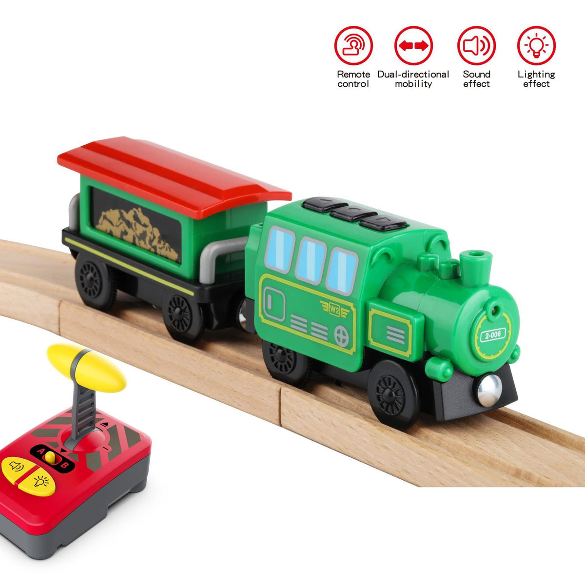 Wooden battery-operated locomotive train by Everything Baby, remote control ride-on train for kids on track set, battery not included.