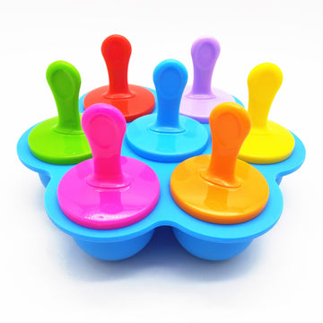 Silicone popsicle molds for DIY ice pops, kids' ice cream, and baby food storage containers, with colorful design and flexible material.
