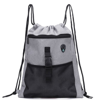Drawstring Backpack Sports Gym Bag for Women Men Large Size With Two Zipper Pockets and Water Bottle Mesh Pockets