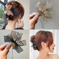 Set of three cute mesh tulle bow claw clips for girls by Everything Baby, featuring shark-style hair crab clips for toddlers and kids.