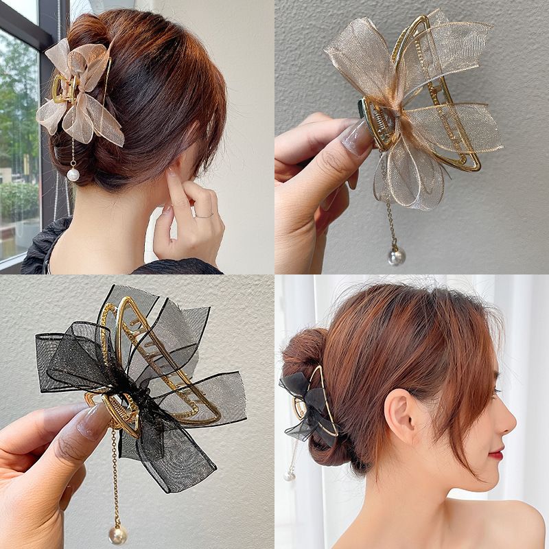 Set of three cute mesh tulle bow claw clips for girls by Everything Baby, featuring shark-style hair crab clips for toddlers and kids.
