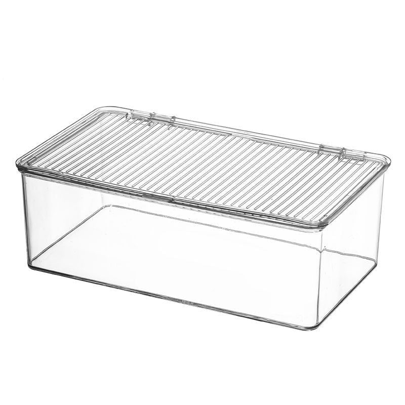 Stackable plastic organizer bin with hinged lid, ideal for office, kitchen, pantry, bathroom, BPA-free, food-safe, from Everything Baby.