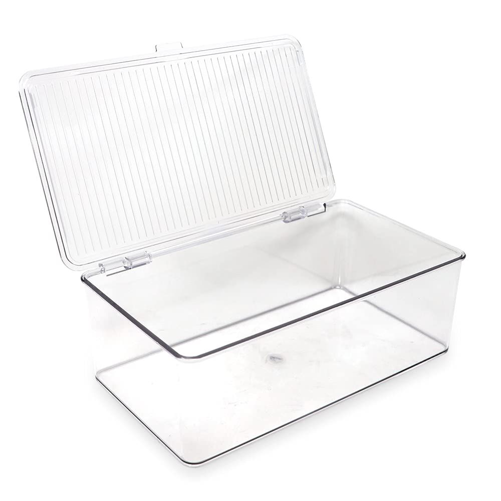 Stackable BPA-free organizer bin with hinged lid for kitchen, bathroom, or pantry storage, suitable for baby and kids feeding supplies.