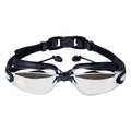 Adult swimming goggles set with anti-fog lenses, silicone ear plugs, and nose clip for women and youth, waterproof and unisex.