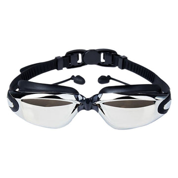 Adult swimming goggles set with anti-fog lenses, silicone ear plugs, and nose clip for women and youth, waterproof and unisex.