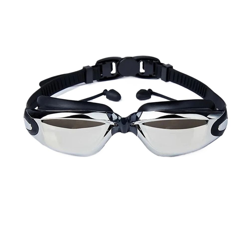 Adult swimming goggles set with anti-fog lenses, silicone ear plugs, and nose clip, waterproof and suitable for women and youth.