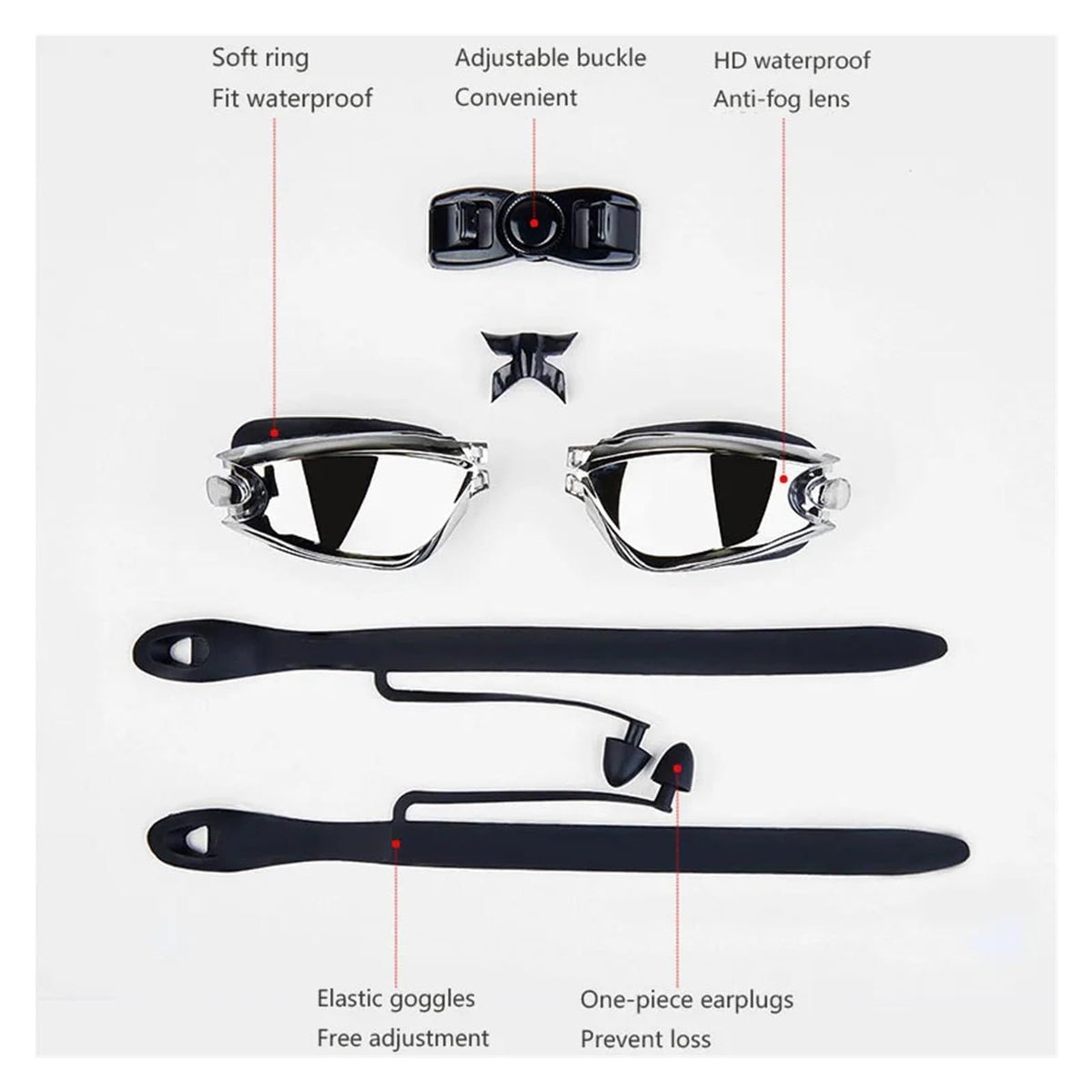 Adult swimming goggles set with anti-fog silicone swim goggles, ear plugs, and nose clip for women and youth, waterproof and unisex.