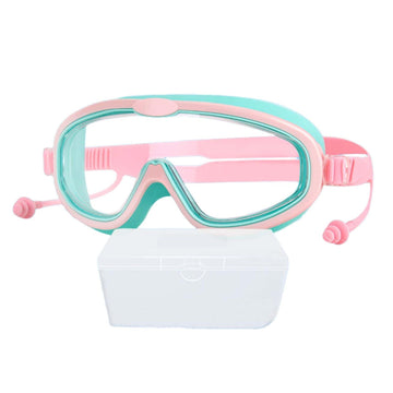 Kids swimming goggles with large frame, waterproof, anti-fog, includes earbuds, suitable for children ages 3-16, by Everything Baby.