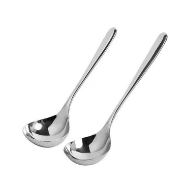 Two-piece stainless steel gravy and soup spoons set, small ladles for pretend play cooking and serving in kids' toy kitchen.