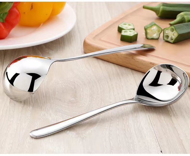 Two-piece stainless steel gravy and soup ladle set for kids, small pretend play utensils for cooking and serving soup or sauce.