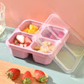 Pink reusable bento lunch box with four stackable compartments and lid, designed for kids' travel and multifunctional storage.