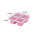 Pink reusable bento lunch box with lid, four compartments, stackable design, suitable for kids' travel and meal storage.