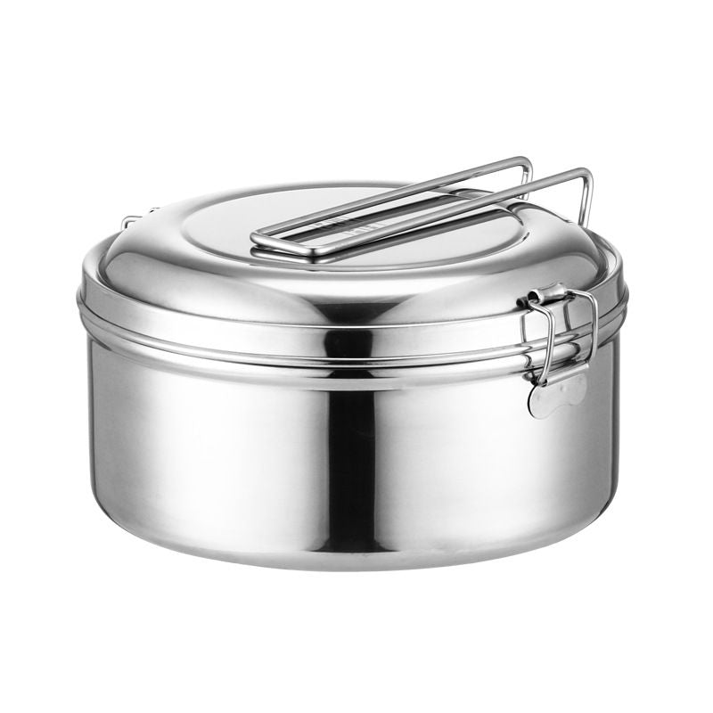 Stainless steel lunch box with snap-on buckles and silicone ring lid, 14cm, designed for adults, from Everything Baby.