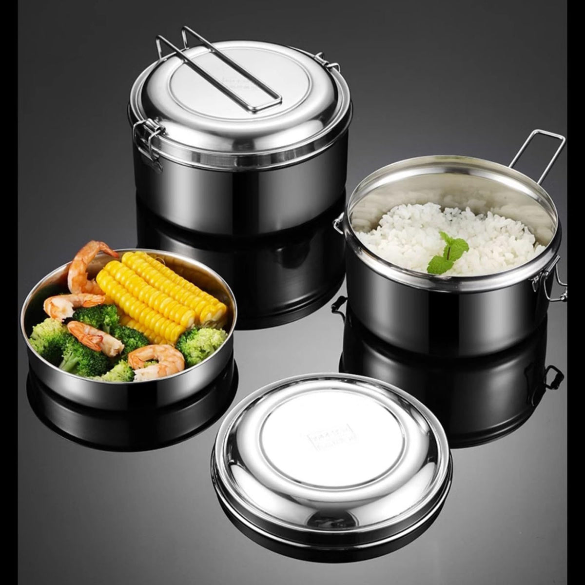 Stainless steel metal lunch box with snap-on buckles and silicone ring, 14cm size, designed for adults, by Everything Baby.