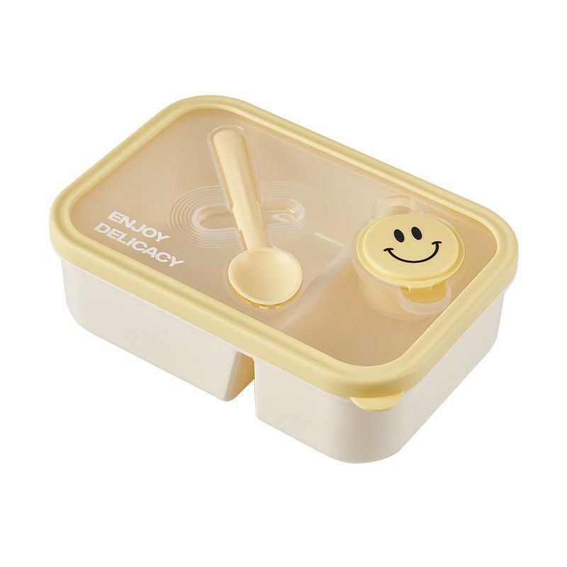Colorful food grade silicone bento box for kids, leak-proof, BPA-free, oven and dishwasher safe, in yellow, green, and orange.