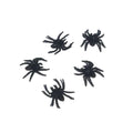 Six small black plastic fake spiders, realistic and fun prank toys for Halloween decorations, suitable for kids' building play.