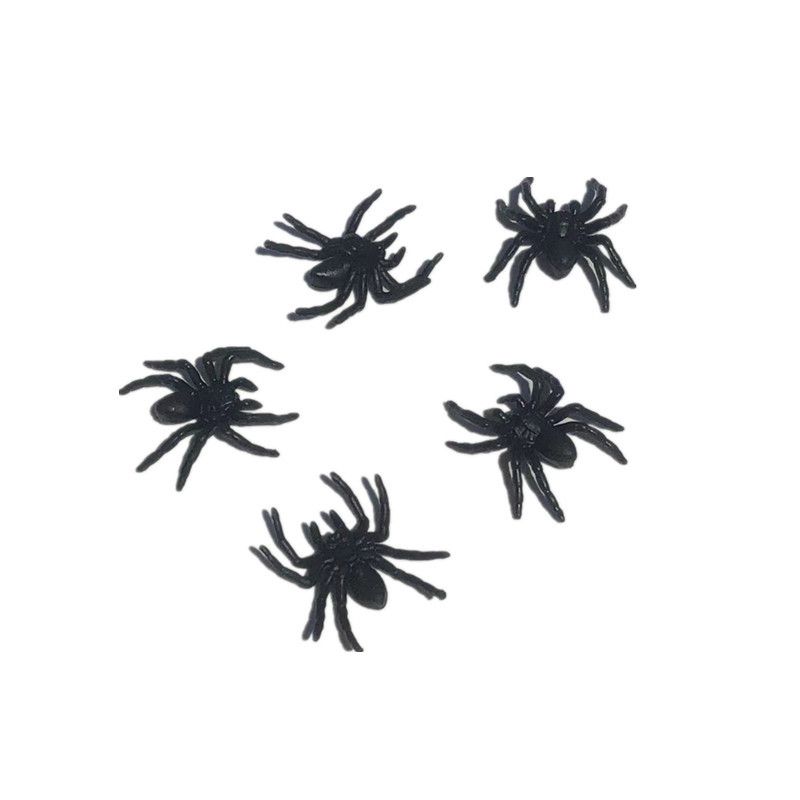 Six small black plastic fake spiders, realistic and fun prank toys for Halloween decorations, suitable for kids' building play.