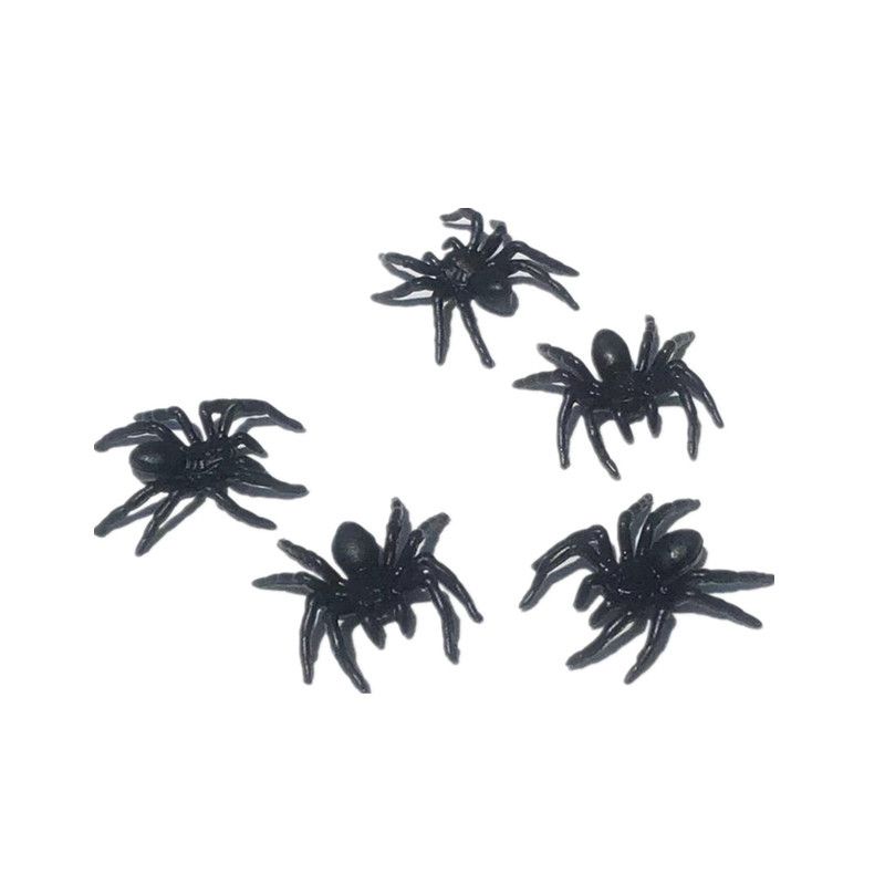 Six small black plastic spiders from Everything Baby, realistic and fun prank toys for Halloween decorations or kids' play.