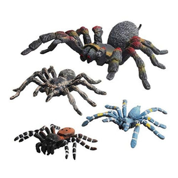 Set of four realistic plastic spider figurines, ideal for educational science play and collection, from Everything Baby.