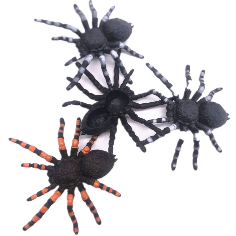 Realistic stretch and squeeze rubber Spider Mom and spiderlings toy set for kids, large soft Halloween-themed outdoor play equipment.