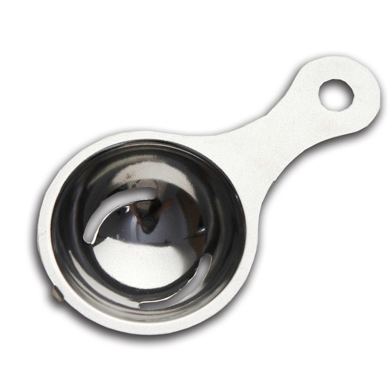 Stainless steel egg yolk separator from Everything Baby, dishwasher safe kitchen tool for separating egg whites, silver finish.