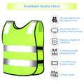 Two yellow kids’ reflective safety vests suitable for cycling, skiing, and running, with high visibility and adjustable straps.