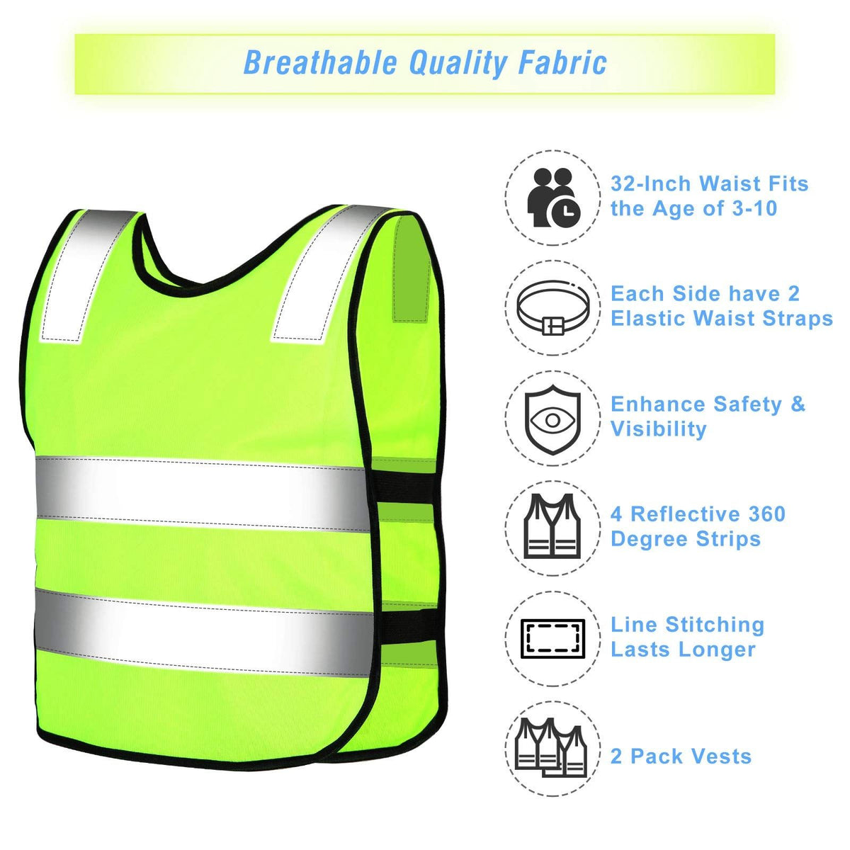 Two yellow kids’ reflective safety vests suitable for cycling, skiing, and running, with high visibility and adjustable straps.