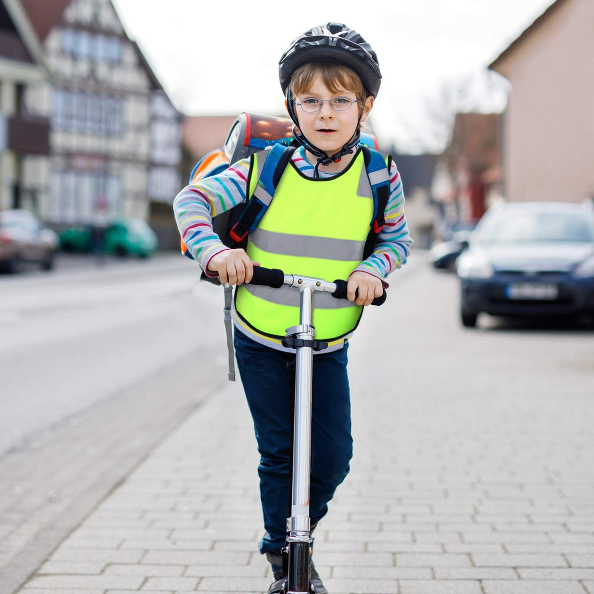 Kids reflective safety vest pack with yellow vests for cycling, skiing, and running, designed for child visibility and safety.